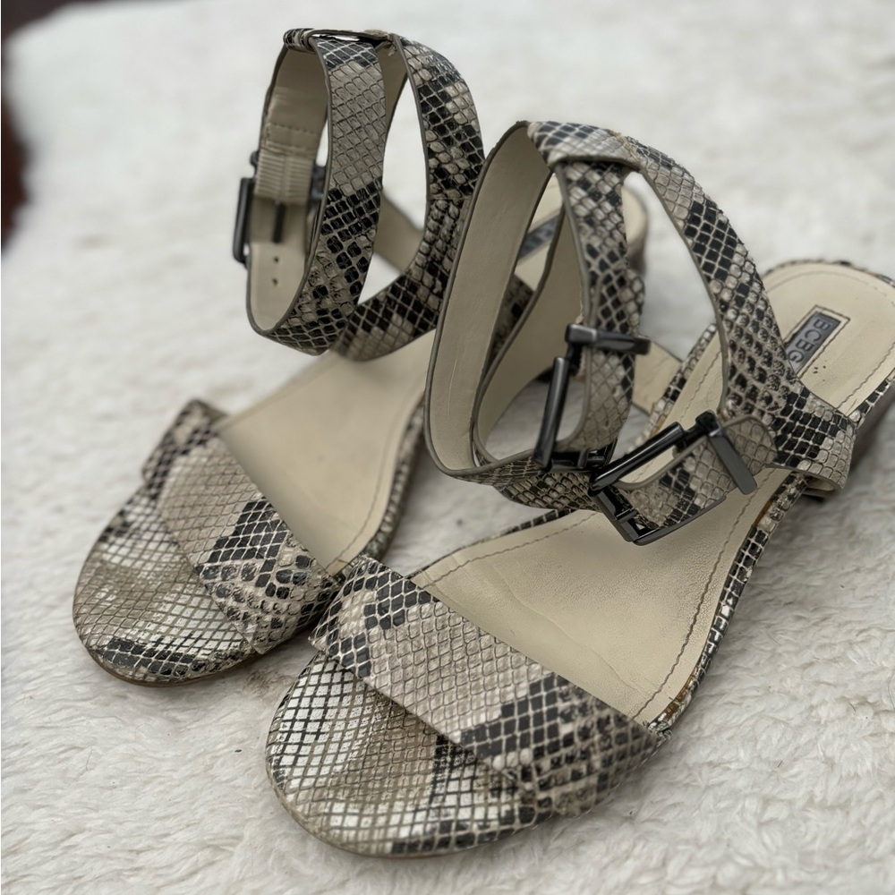 BCBG “Roger” Snakeskin Ankle Strap Sandals